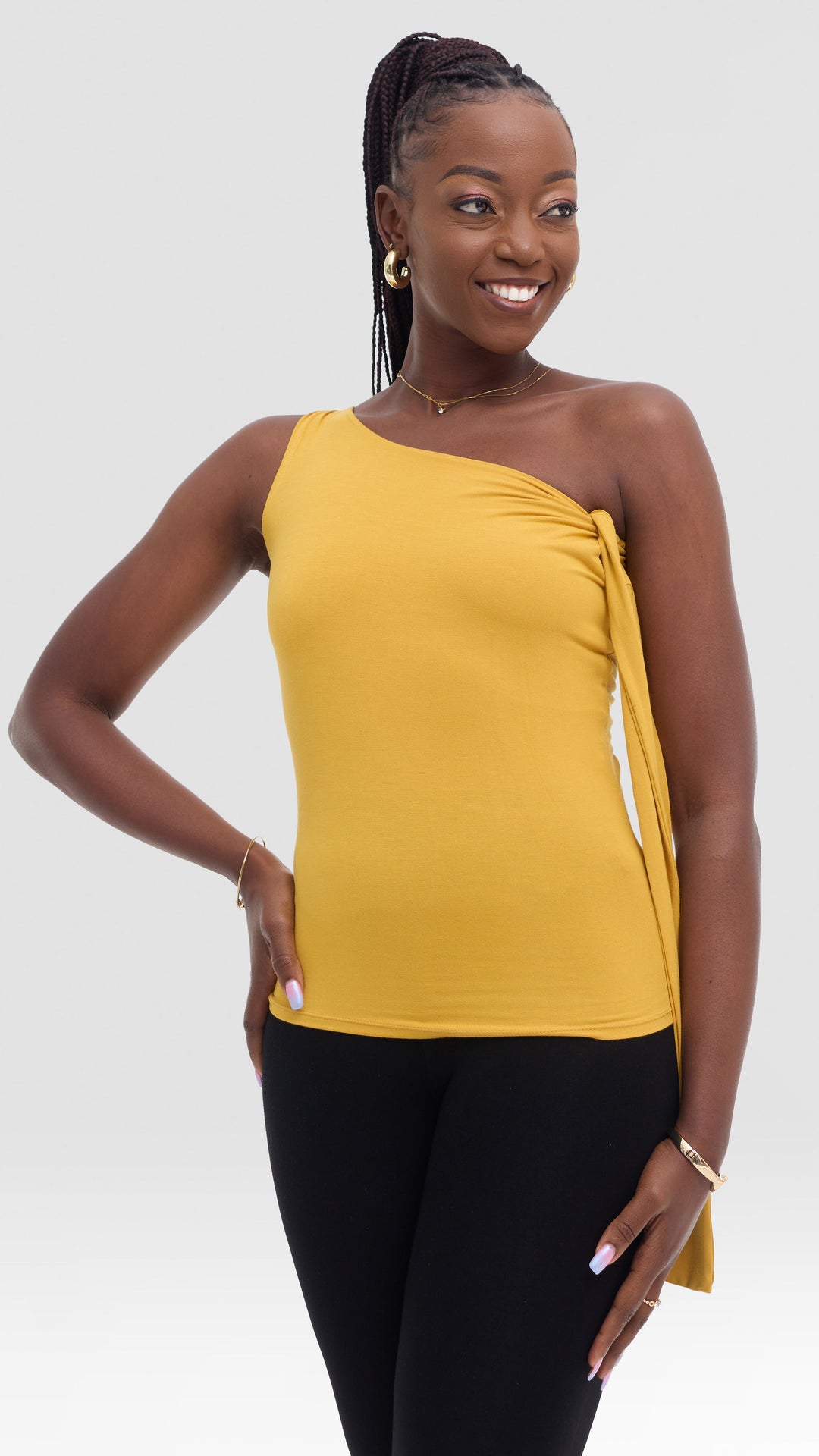 Vivo Studio Shoulder Tie Top in Jersey - Mustard