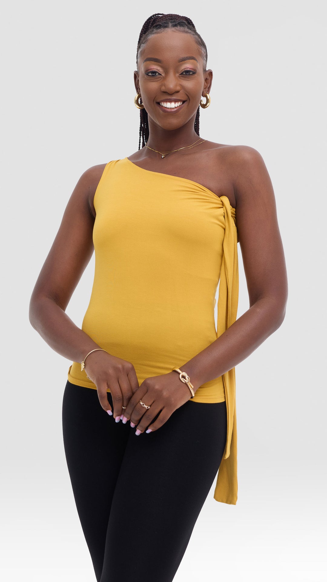 Vivo Studio Shoulder Tie Top in Jersey - Mustard