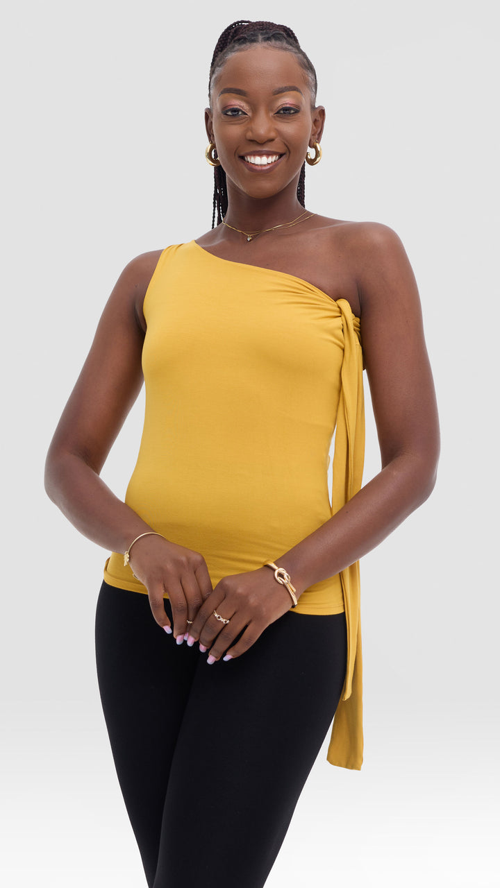 Vivo Studio Shoulder Tie Top in Jersey - Mustard