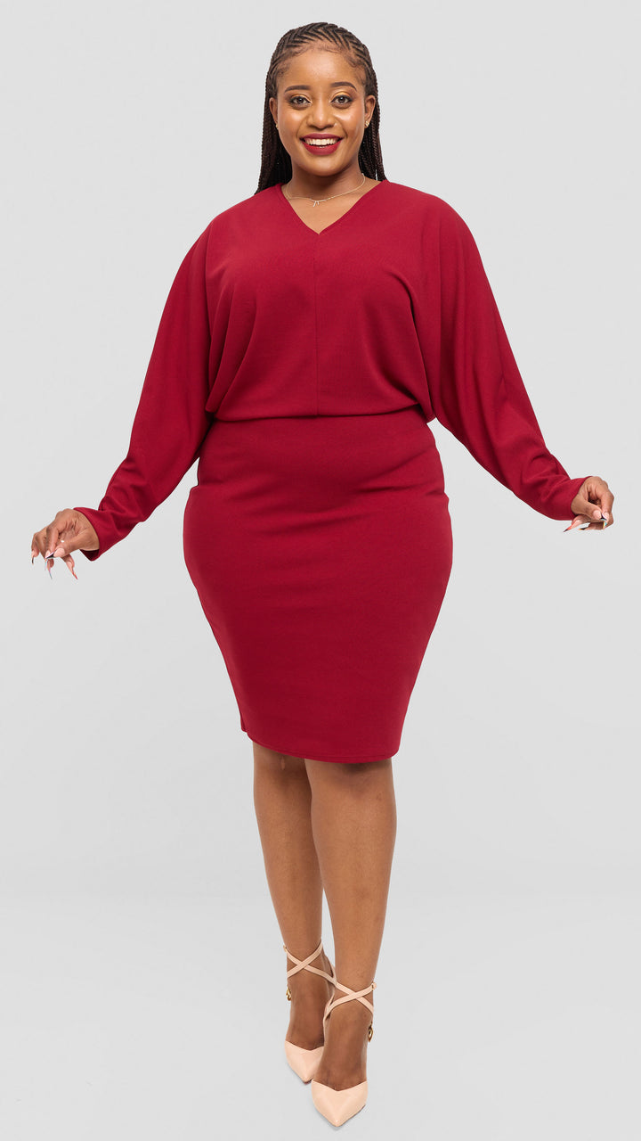 Vivo V-Neck Dress in Stretch Rib - Maroon