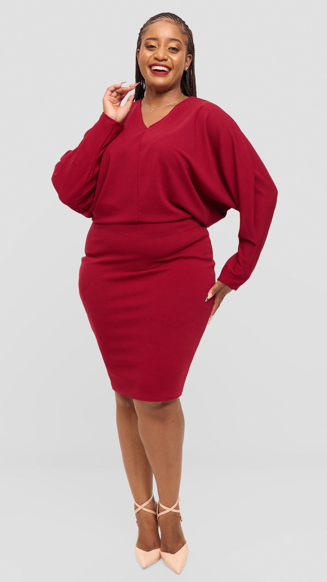 Vivo V-Neck Dress in Stretch Rib - Maroon