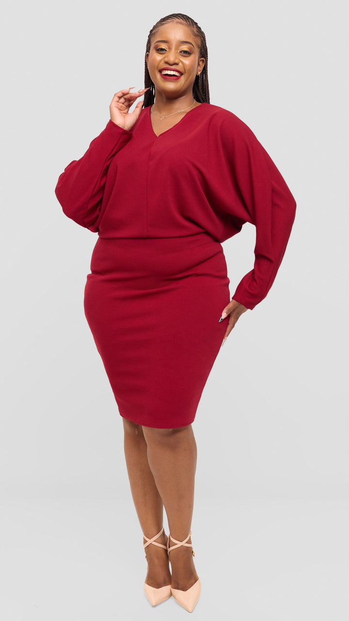 Vivo V-Neck Dress in Stretch Rib - Maroon
