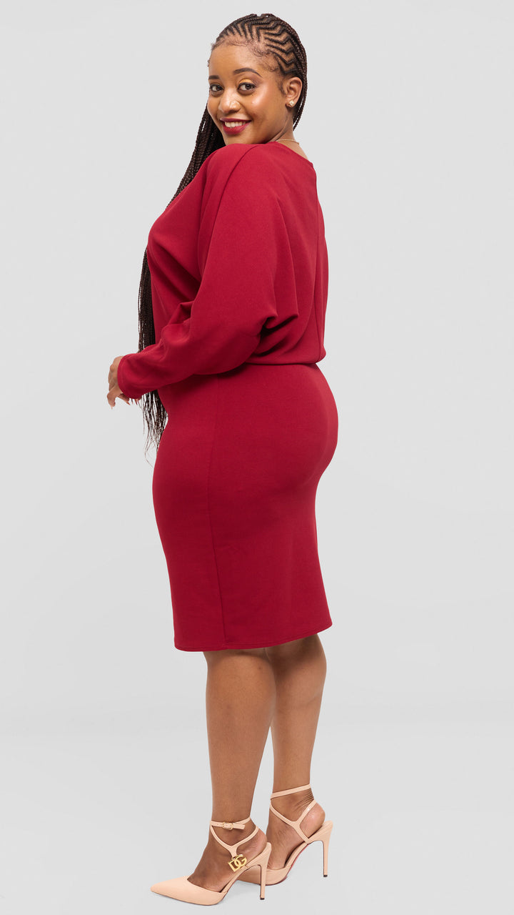 Vivo V-Neck Dress in Stretch Rib - Maroon