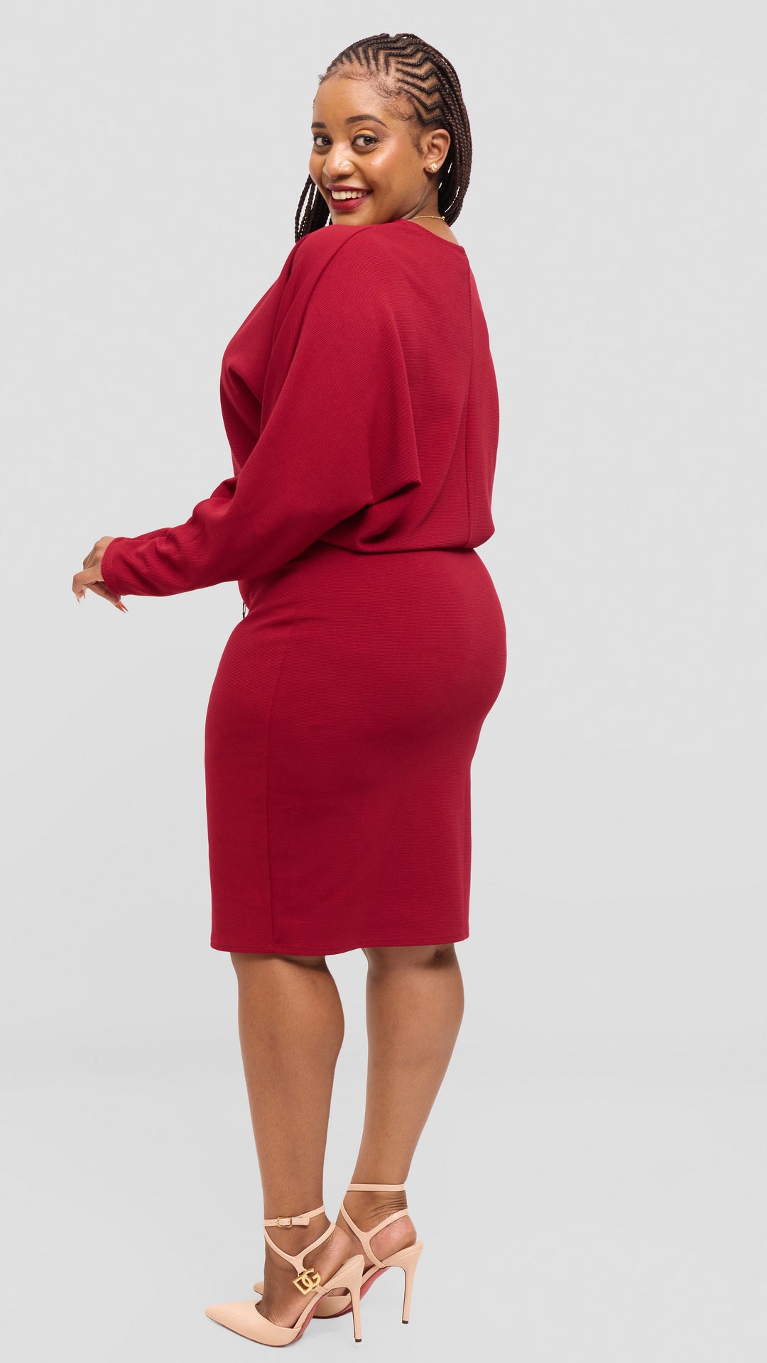 Vivo V-Neck Dress in Stretch Rib - Maroon