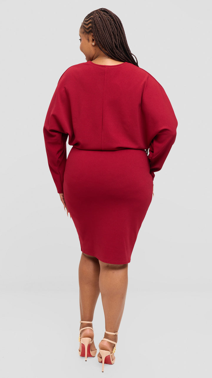 Vivo V-Neck Dress in Stretch Rib - Maroon