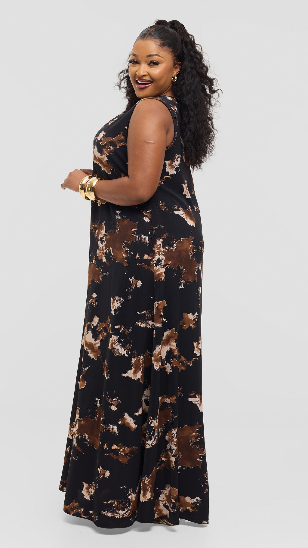 Vivo Basic Sleeveless Tent Maxi Dress in Crepe - Black / Brown Tie Dye