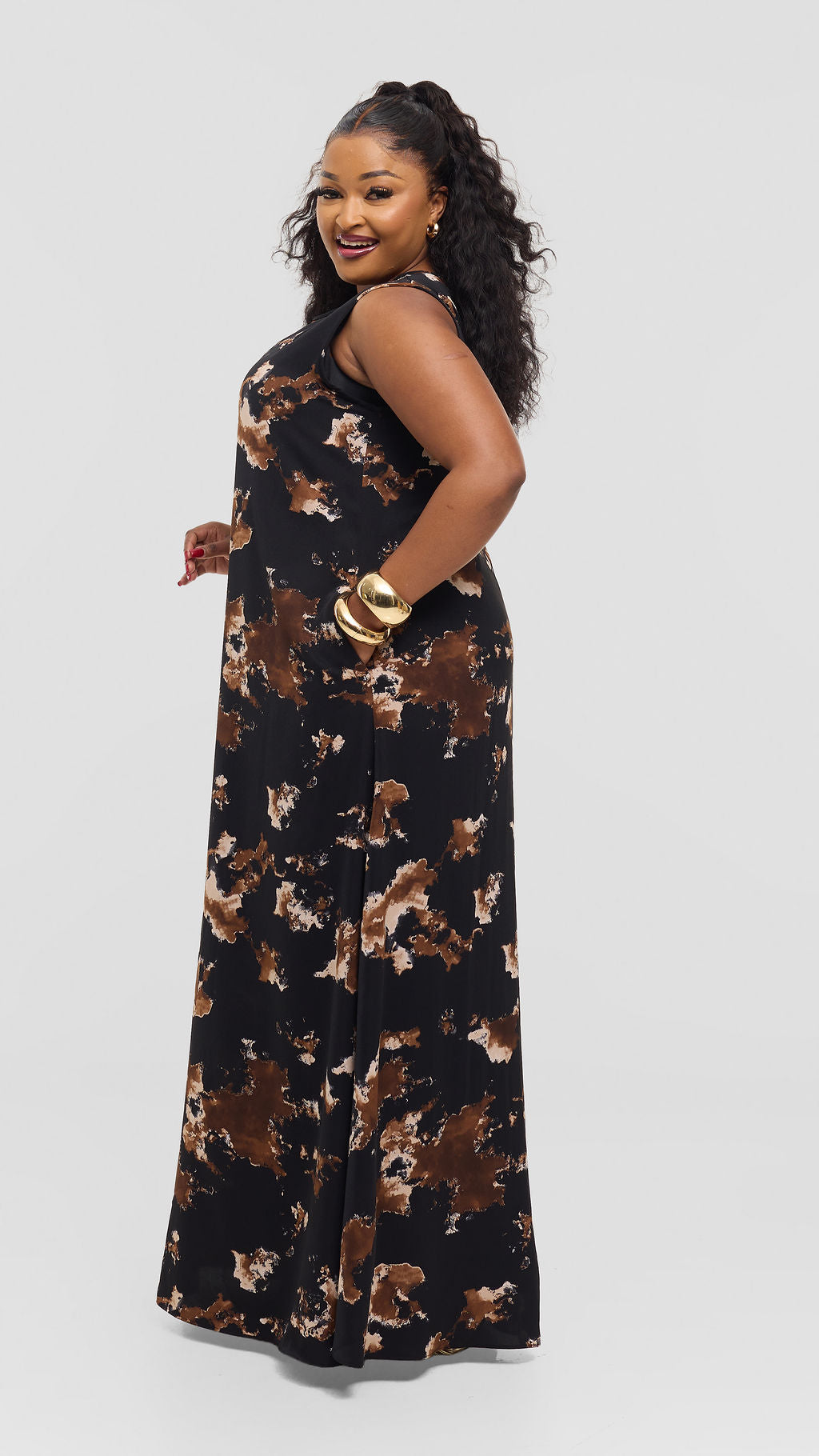Vivo Basic Sleeveless Tent Maxi Dress in Crepe - Black / Brown Tie Dye