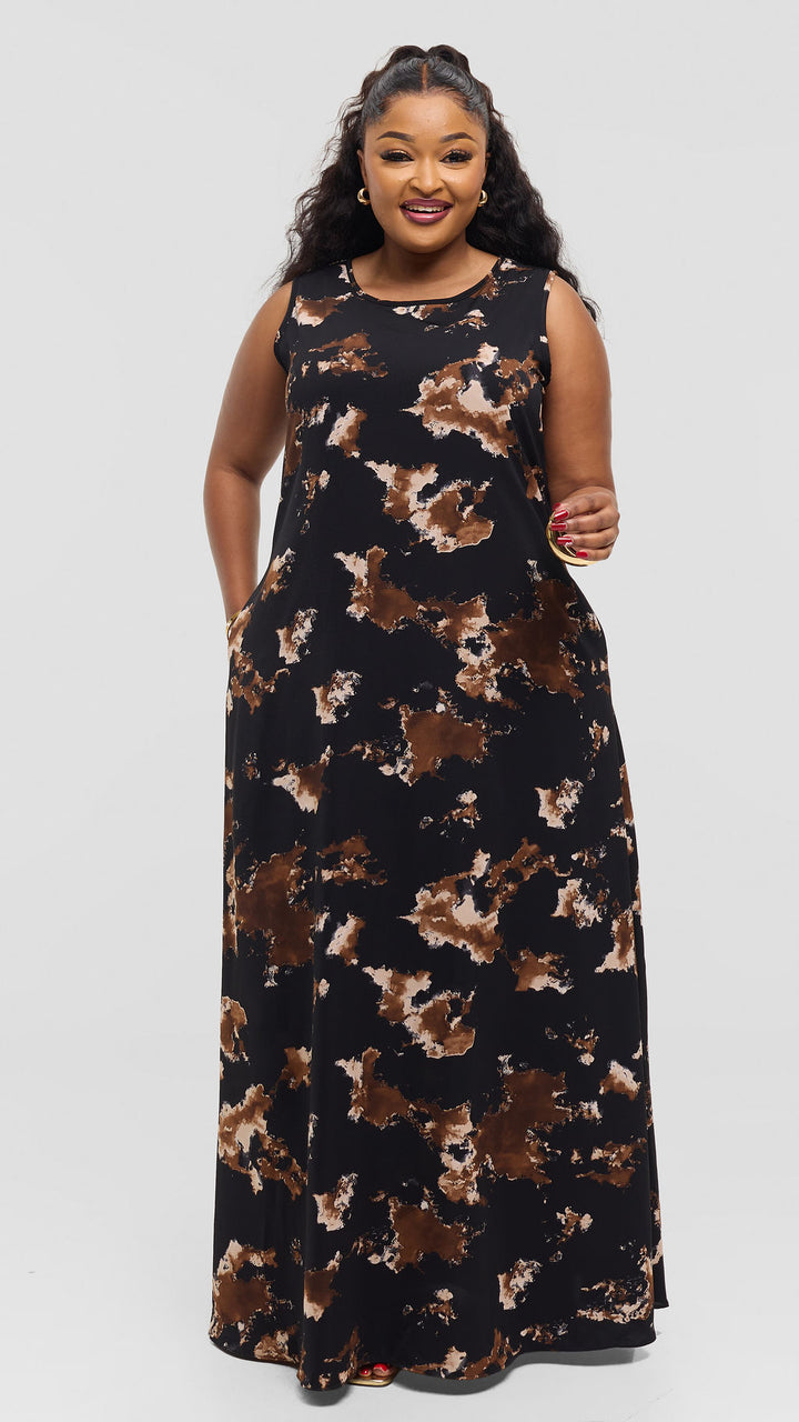 Vivo Basic Sleeveless Tent Maxi Dress in Crepe - Black / Brown Tie Dye