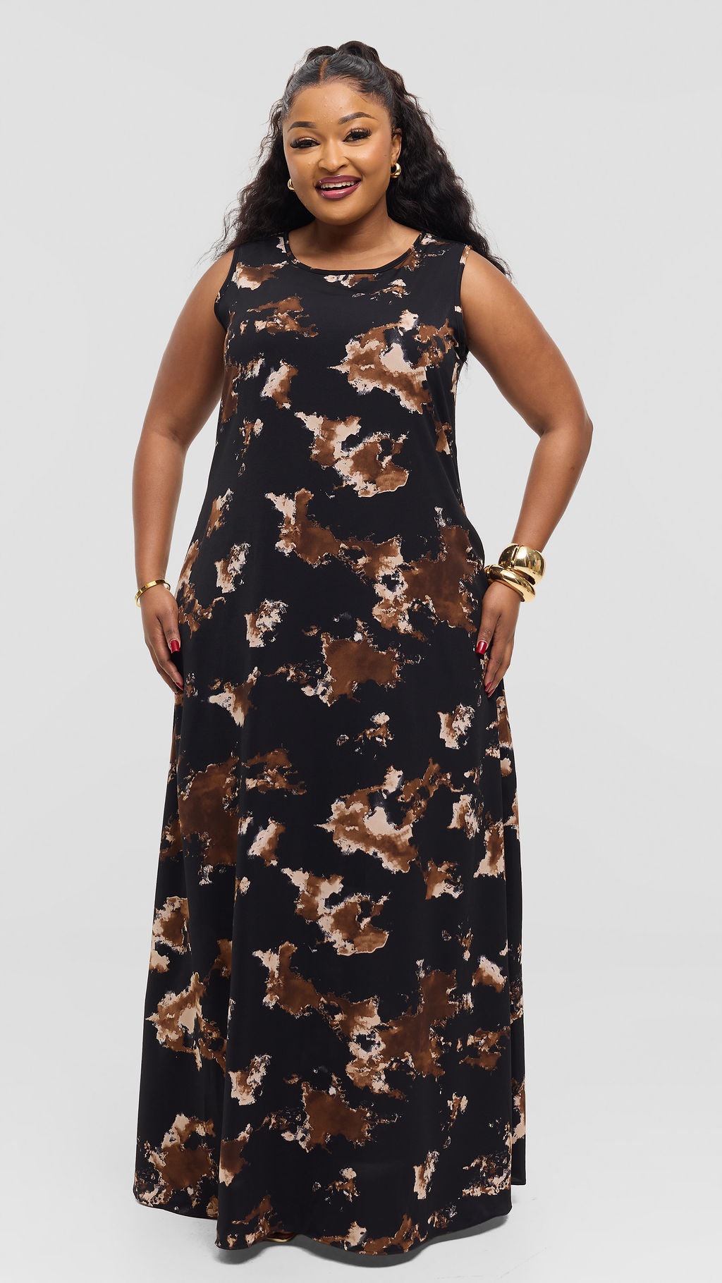 Vivo Basic Sleeveless Tent Maxi Dress in Crepe - Black / Brown Tie Dye