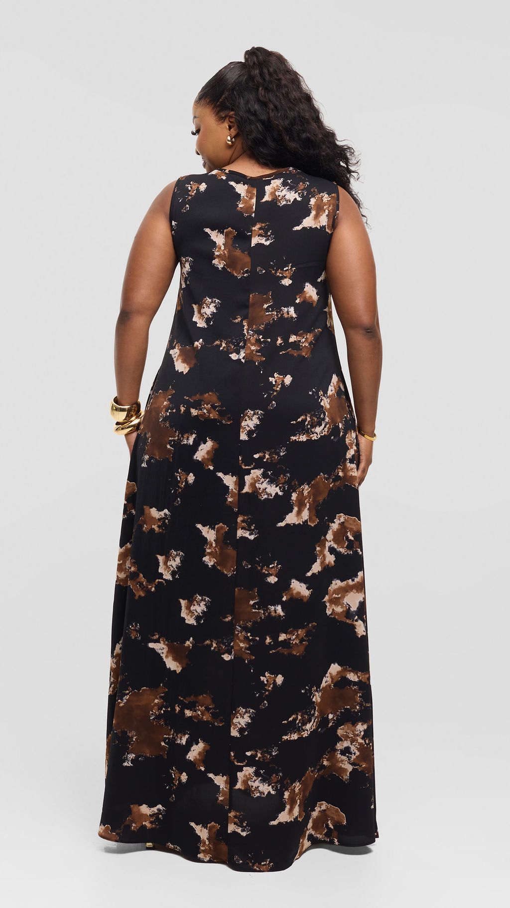 Vivo Basic Sleeveless Tent Maxi Dress in Crepe - Black / Brown Tie Dye