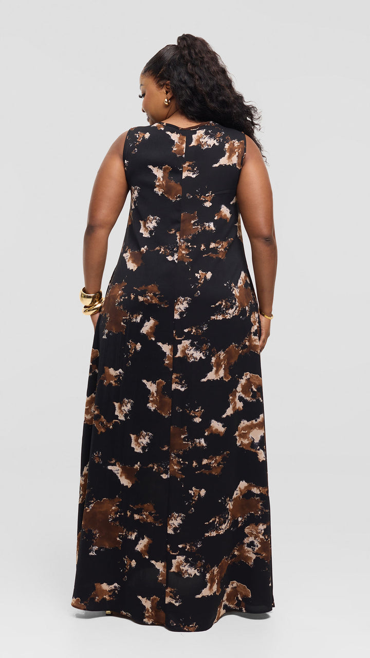 Vivo Basic Sleeveless Tent Maxi Dress in Crepe - Black / Brown Tie Dye