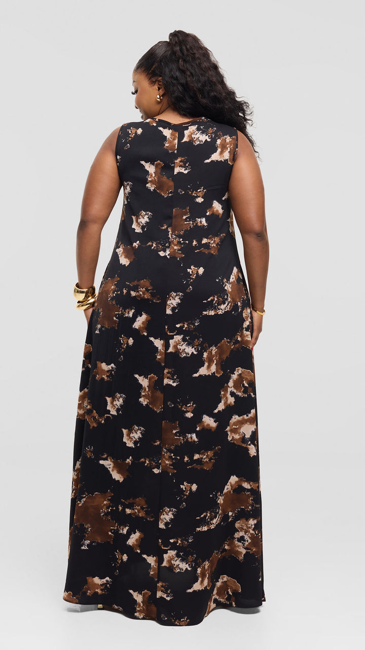 Vivo Basic Sleeveless Tent Maxi Dress in Crepe - Black / Brown Tie Dye