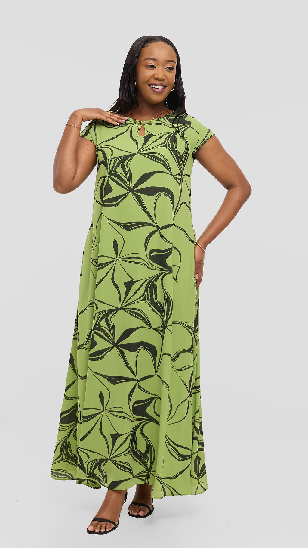 Vivo Sierra Maxi Dress in Chiffon - Light Green / Hunters Arah Print