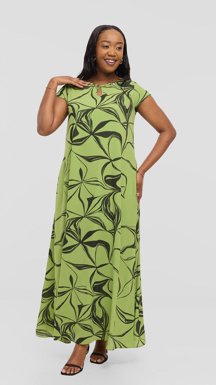 Vivo Sierra Maxi Dress in Chiffon - Light Green / Hunters Arah Print