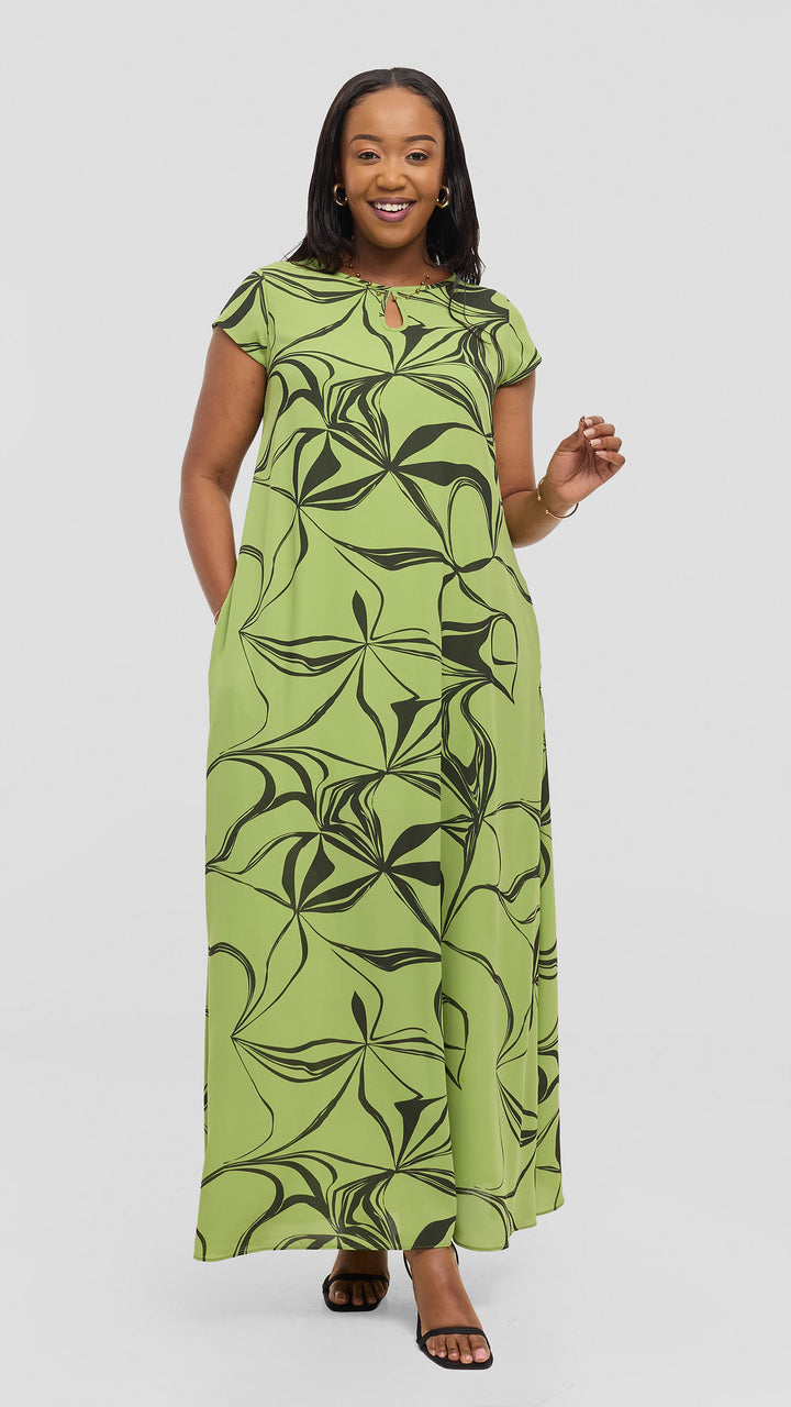 Vivo Sierra Maxi Dress in Chiffon - Light Green / Hunters Arah Print