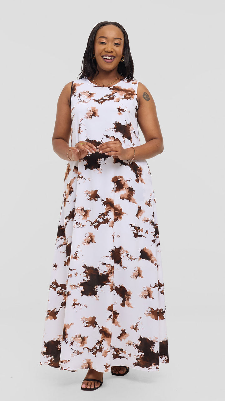 Vivo Basic Sleeveless Tent Maxi Dress in Crepe - White / Brown Tie Dye