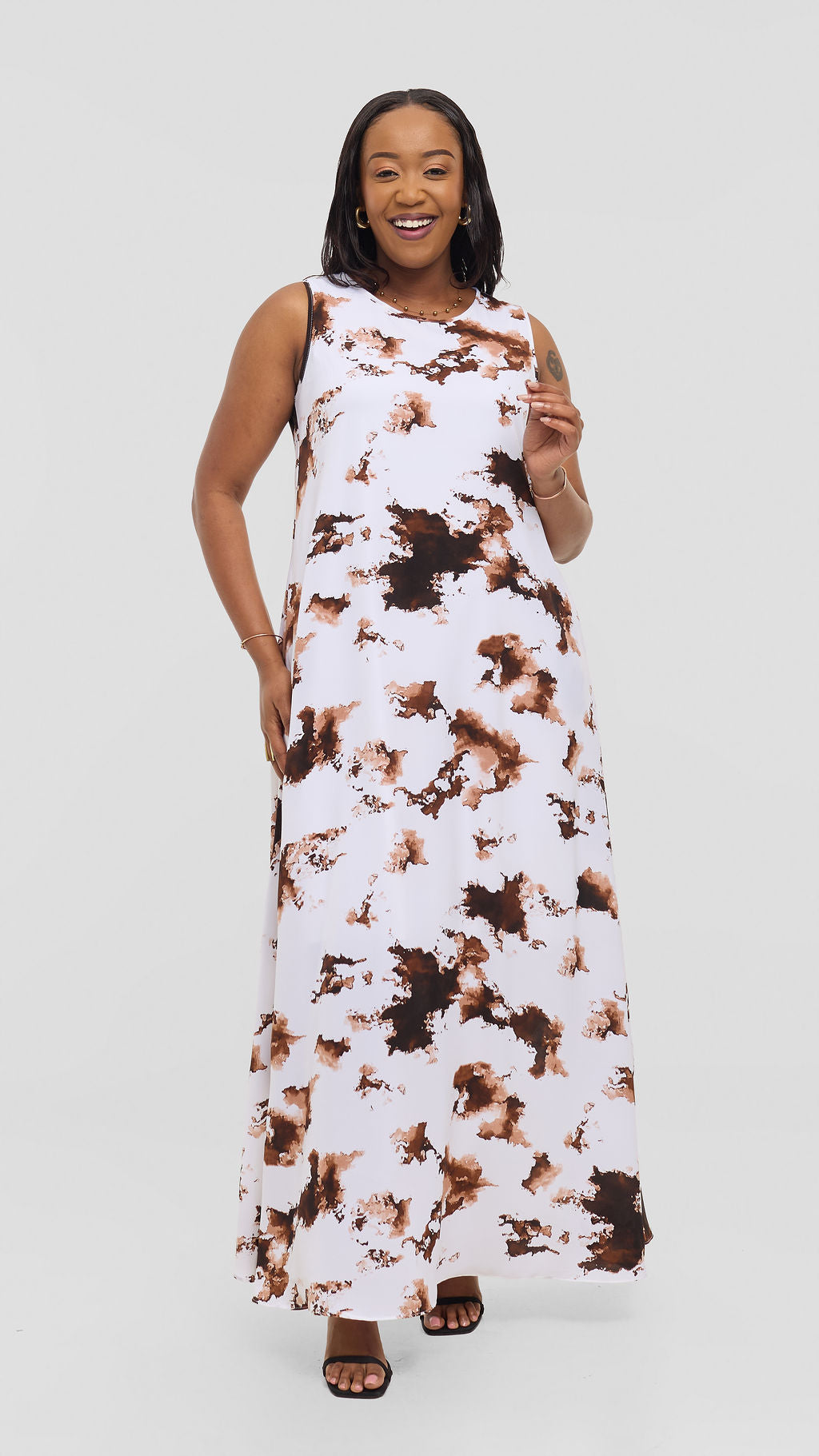 Vivo Basic Sleeveless Tent Maxi Dress in Crepe - White / Brown Tie Dye