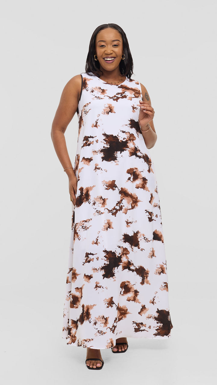 Vivo Basic Sleeveless Tent Maxi Dress in Crepe - White / Brown Tie Dye