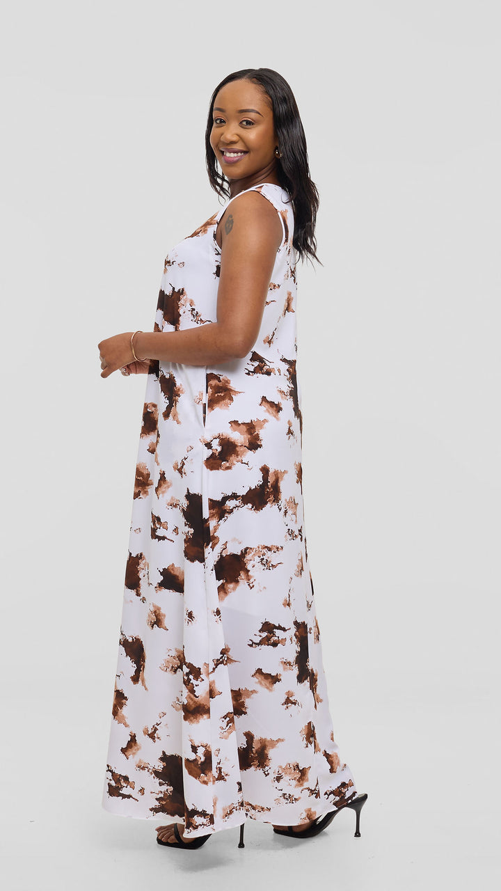 Vivo Basic Sleeveless Tent Maxi Dress in Crepe - White / Brown Tie Dye