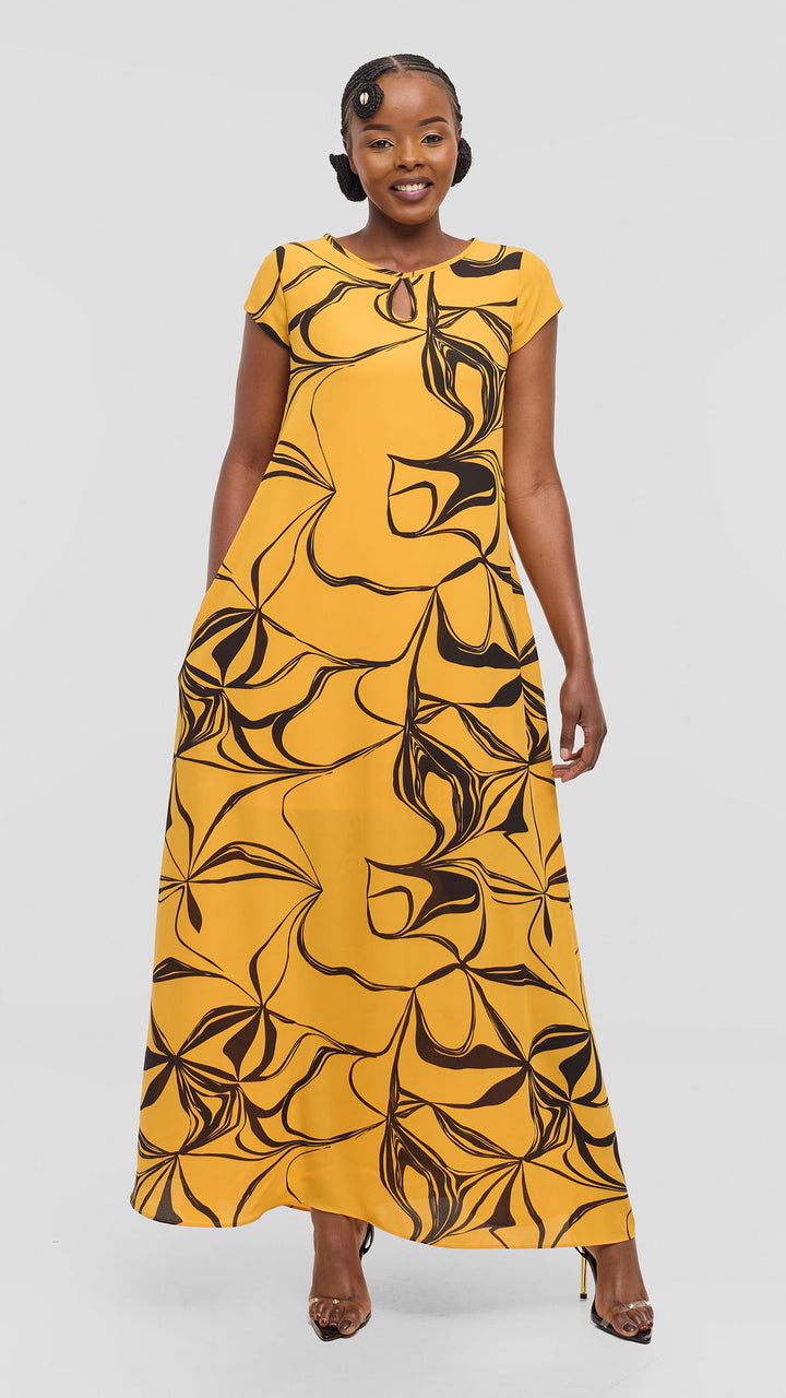 Vivo Sierra Maxi Dress in Chiffon - Mustard / Black  Arah Print