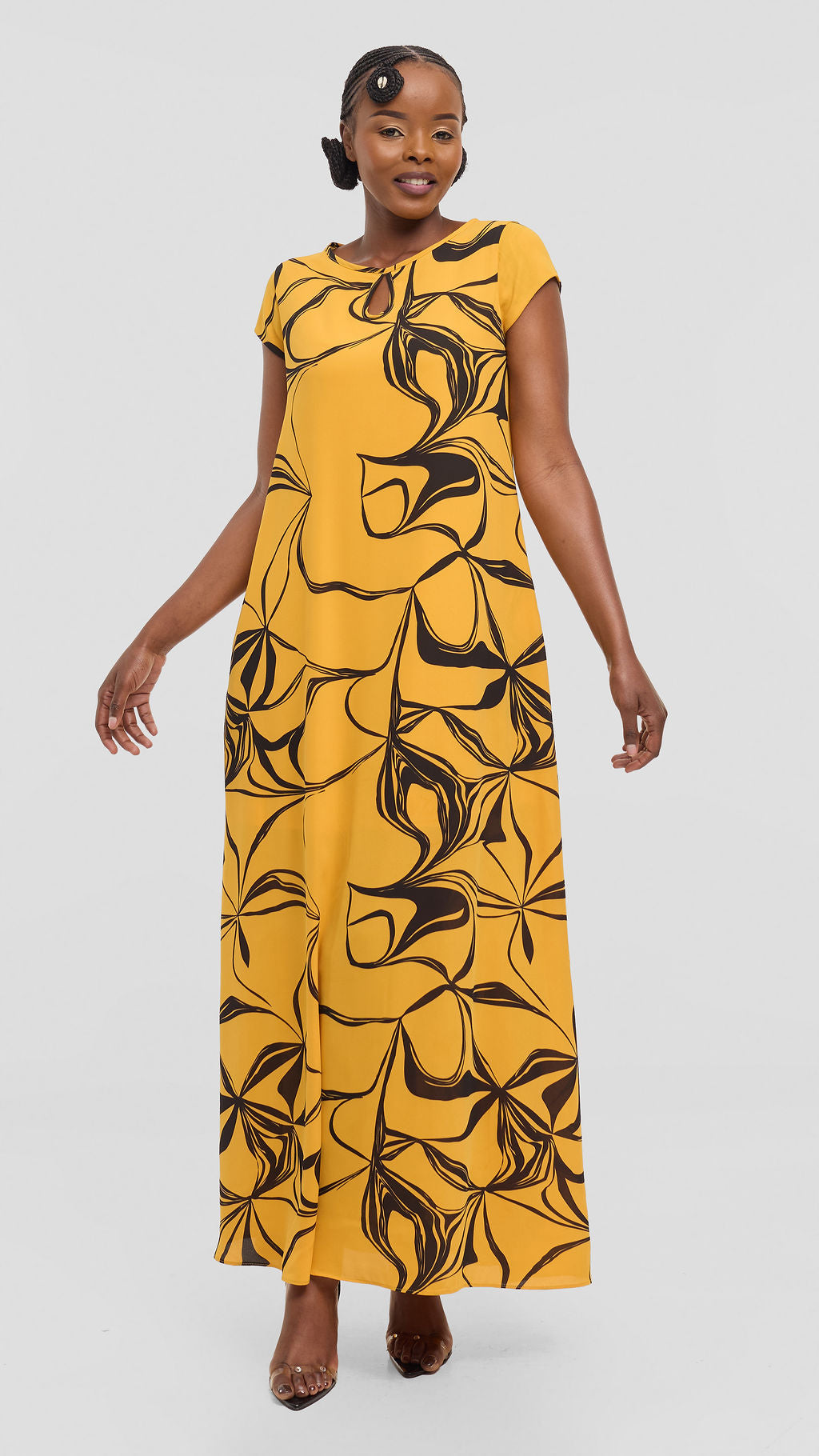 Vivo Sierra Maxi Dress in Chiffon - Mustard / Black  Arah Print