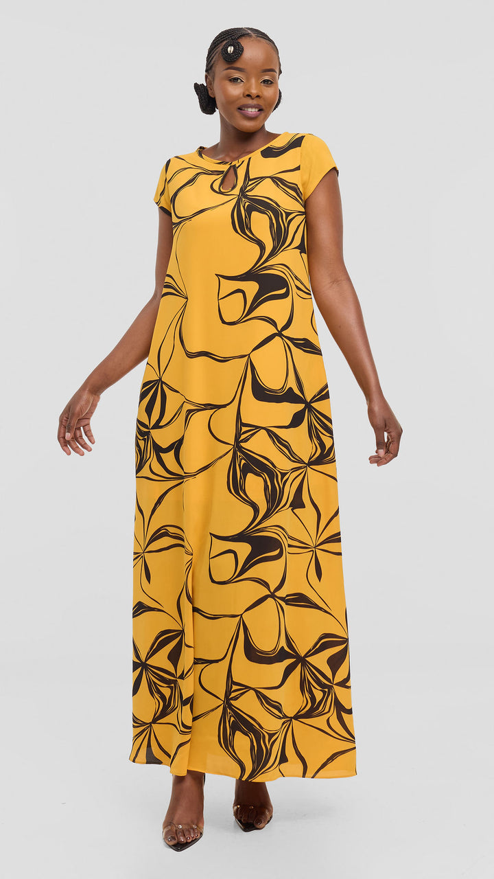 Vivo Sierra Maxi Dress in Chiffon - Mustard / Black  Arah Print