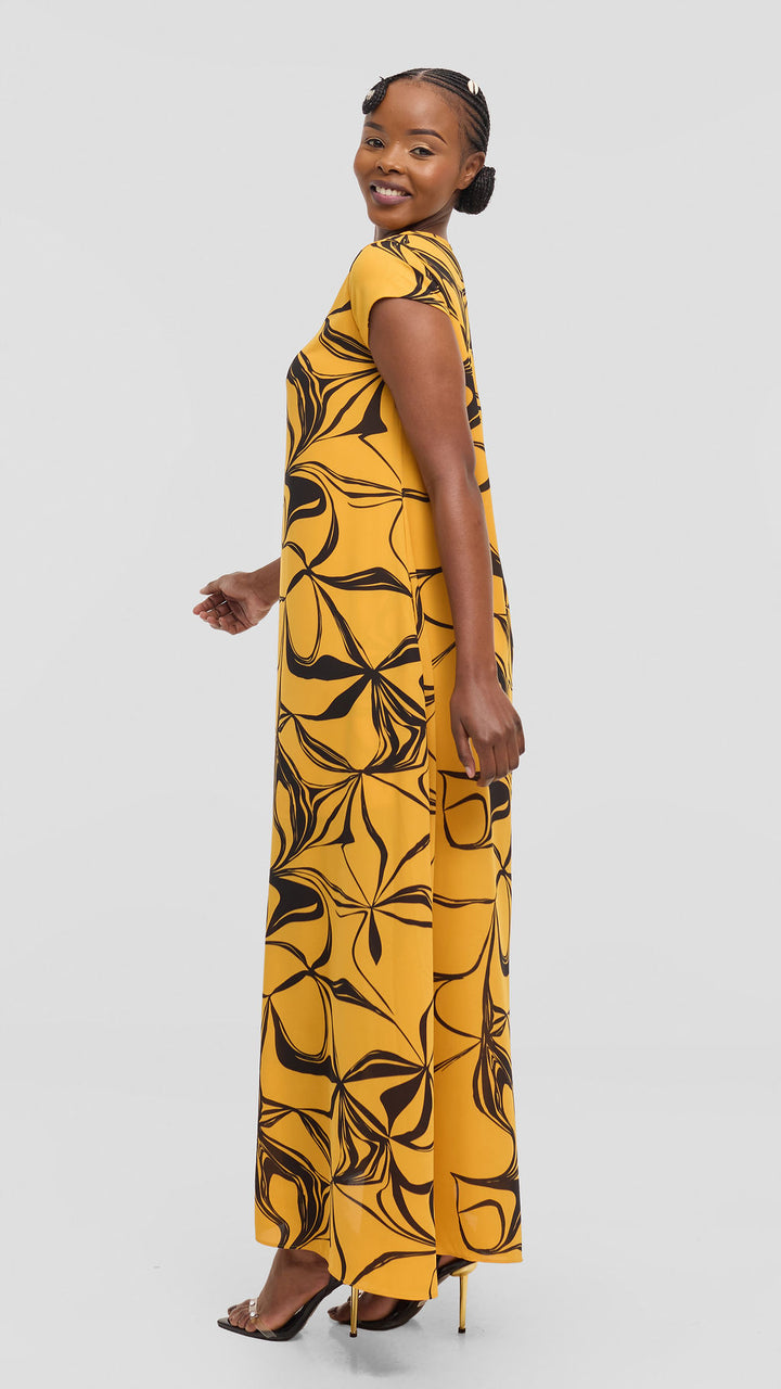 Vivo Sierra Maxi Dress in Chiffon - Mustard / Black  Arah Print