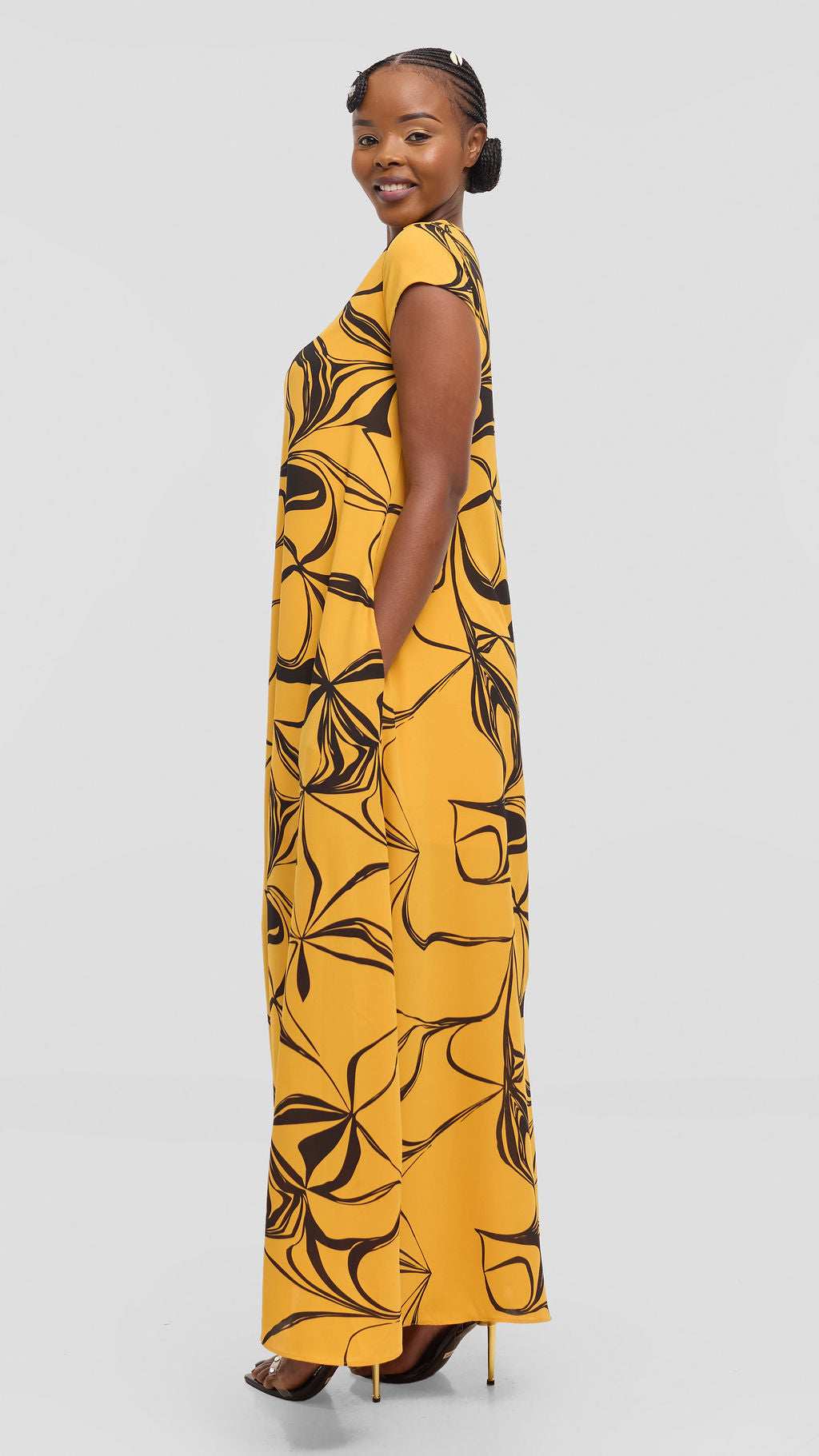 Vivo Sierra Maxi Dress in Chiffon - Mustard / Black  Arah Print