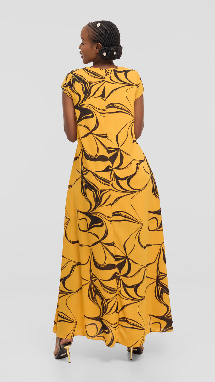 Vivo Sierra Maxi Dress in Chiffon - Mustard / Black  Arah Print