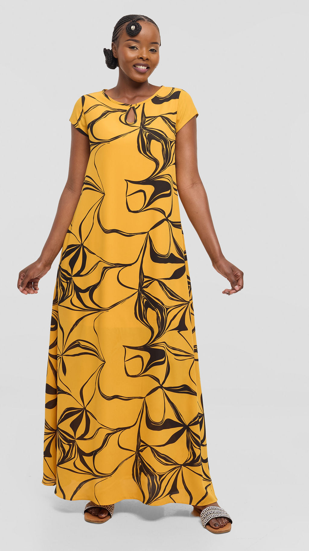 Vivo Sierra Maxi Dress in Chiffon - Mustard / Black  Arah Print