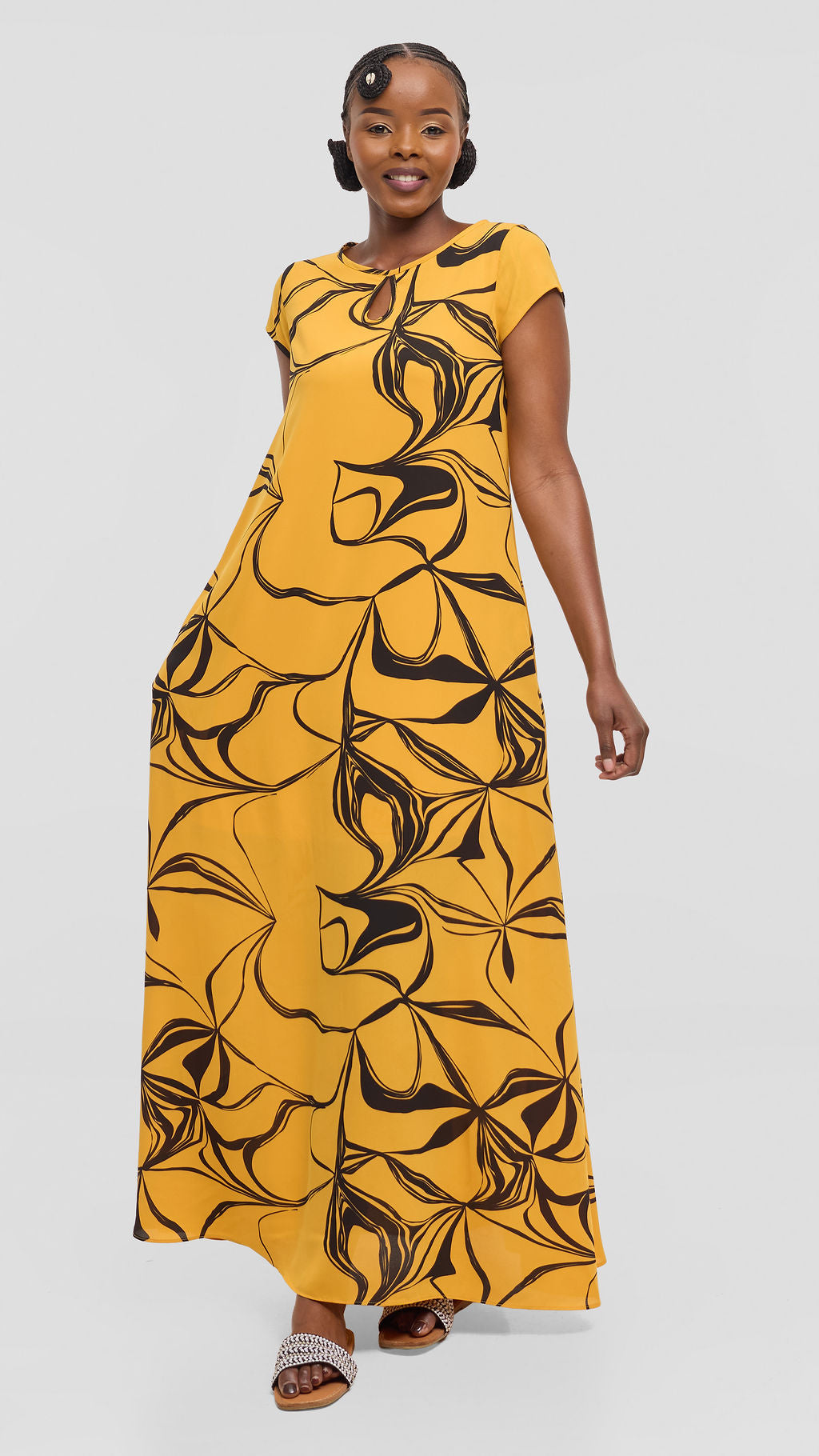 Vivo Sierra Maxi Dress in Chiffon - Mustard / Black  Arah Print