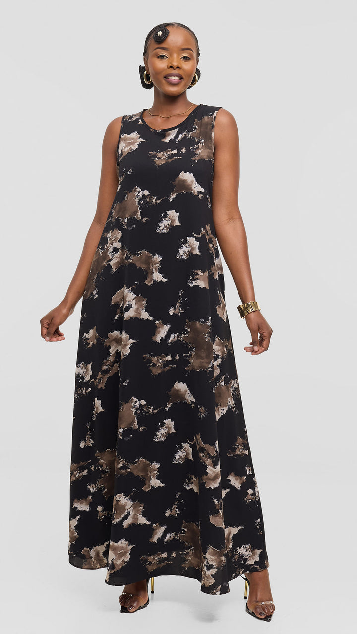 Vivo Basic Sleeveless Tent Maxi Dress in Crepe - Black / Taupe Abstract