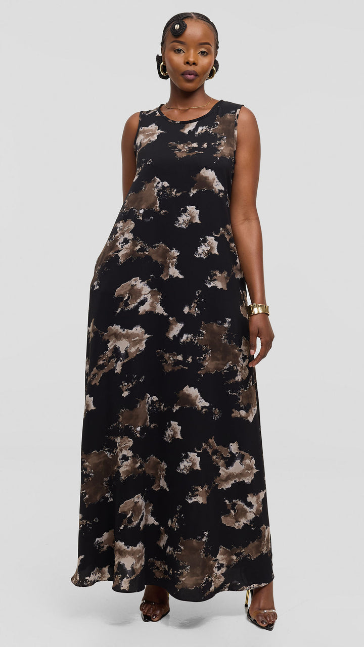 Vivo Basic Sleeveless Tent Maxi Dress in Crepe - Black / Taupe Abstract