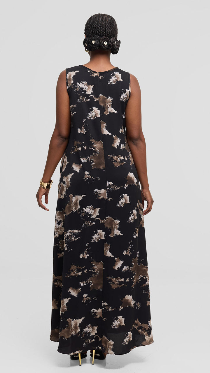 Vivo Basic Sleeveless Tent Maxi Dress in Crepe - Black / Taupe Abstract