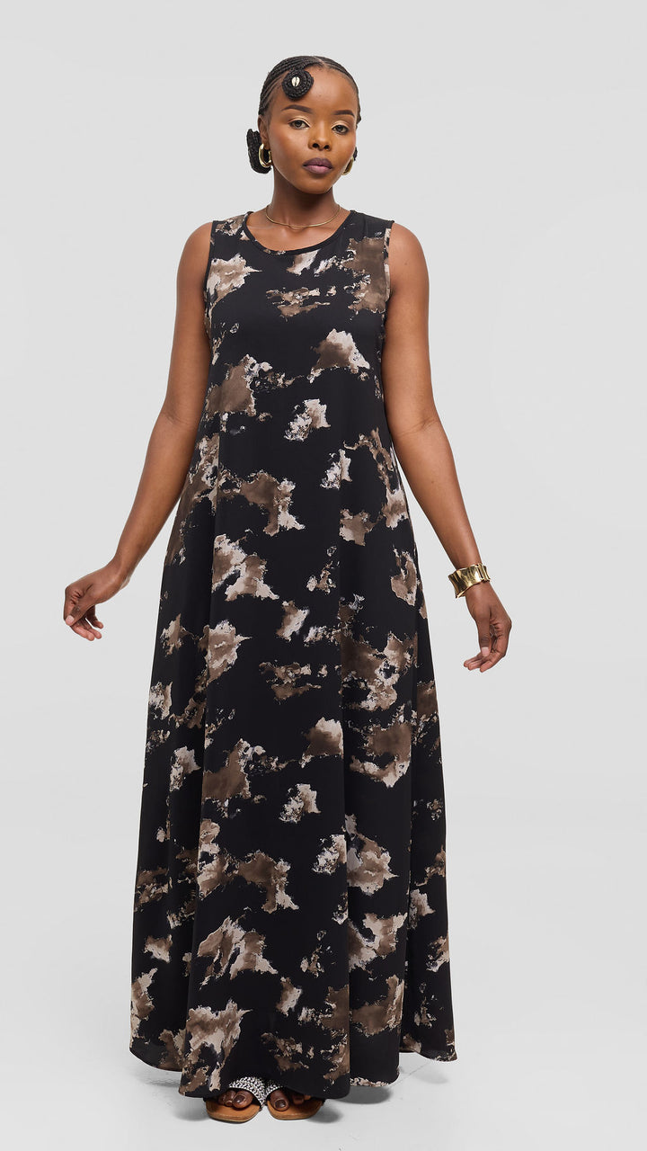 Vivo Basic Sleeveless Tent Maxi Dress in Crepe - Black / Taupe Abstract