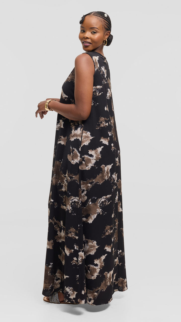 Vivo Basic Sleeveless Tent Maxi Dress in Crepe - Black / Taupe Abstract