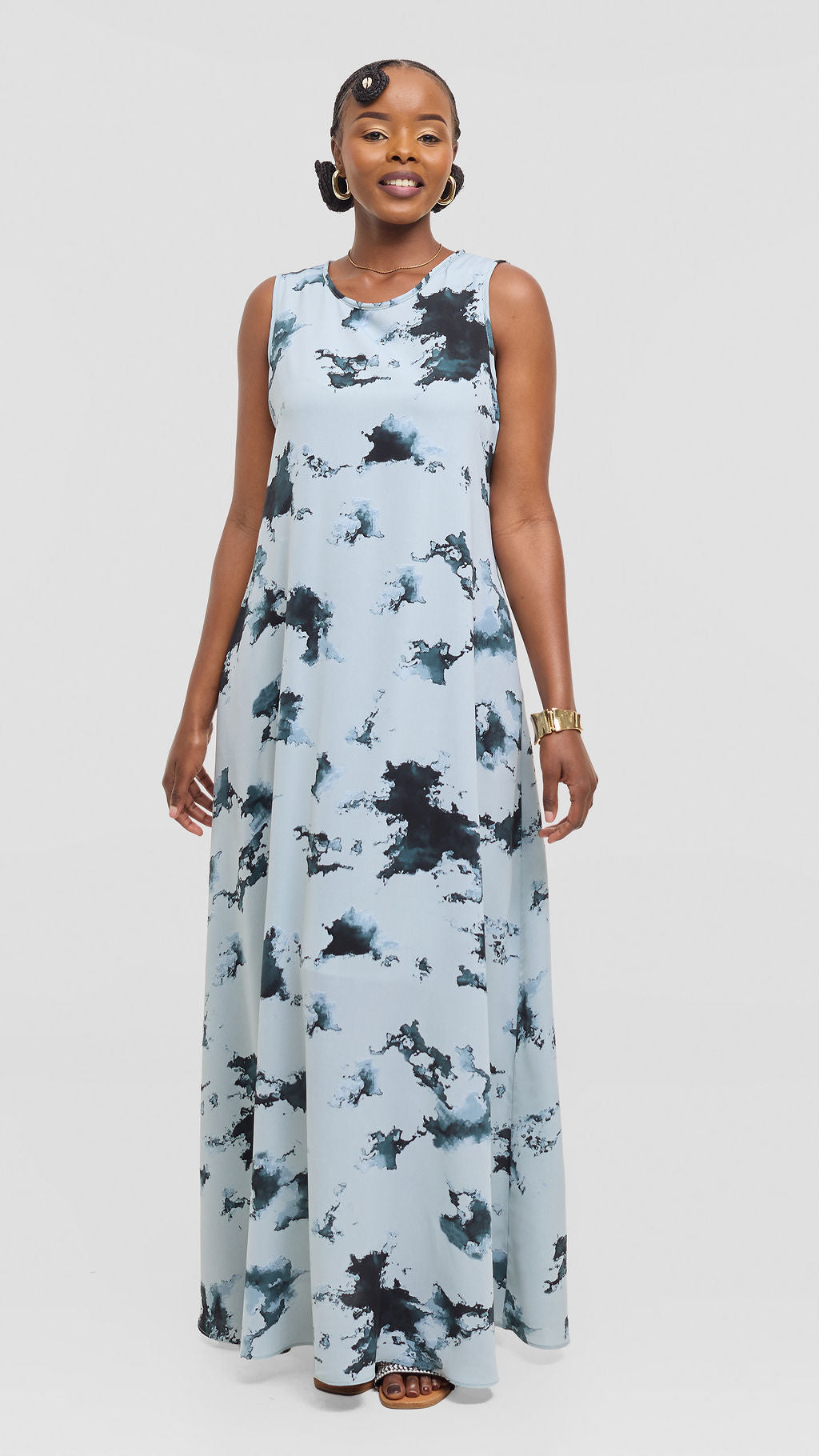 Vivo Basic Sleeveless Tent Maxi Dress in Crepe - Baby Blue / Teal Tie Dye