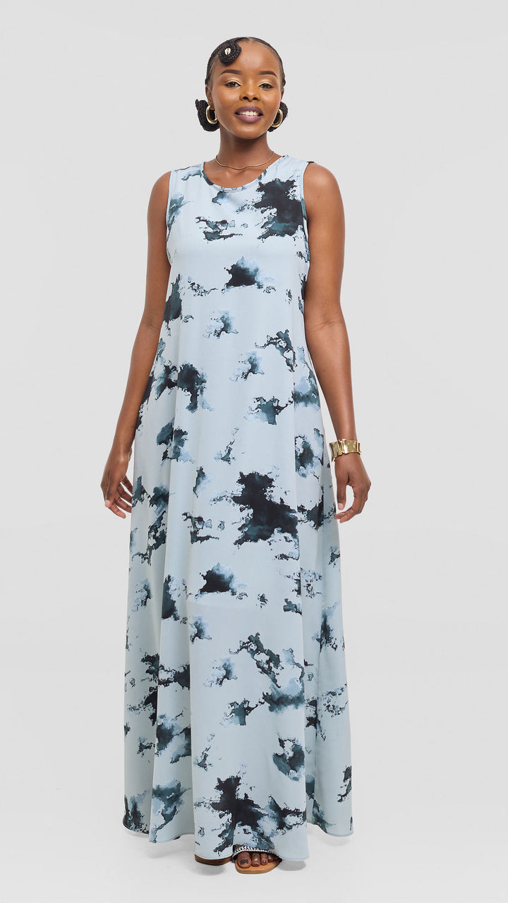 Vivo Basic Sleeveless Tent Maxi Dress in Crepe - Baby Blue / Teal Tie Dye