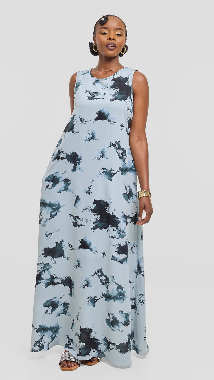 Vivo Basic Sleeveless Tent Maxi Dress in Crepe - Baby Blue / Teal Tie Dye