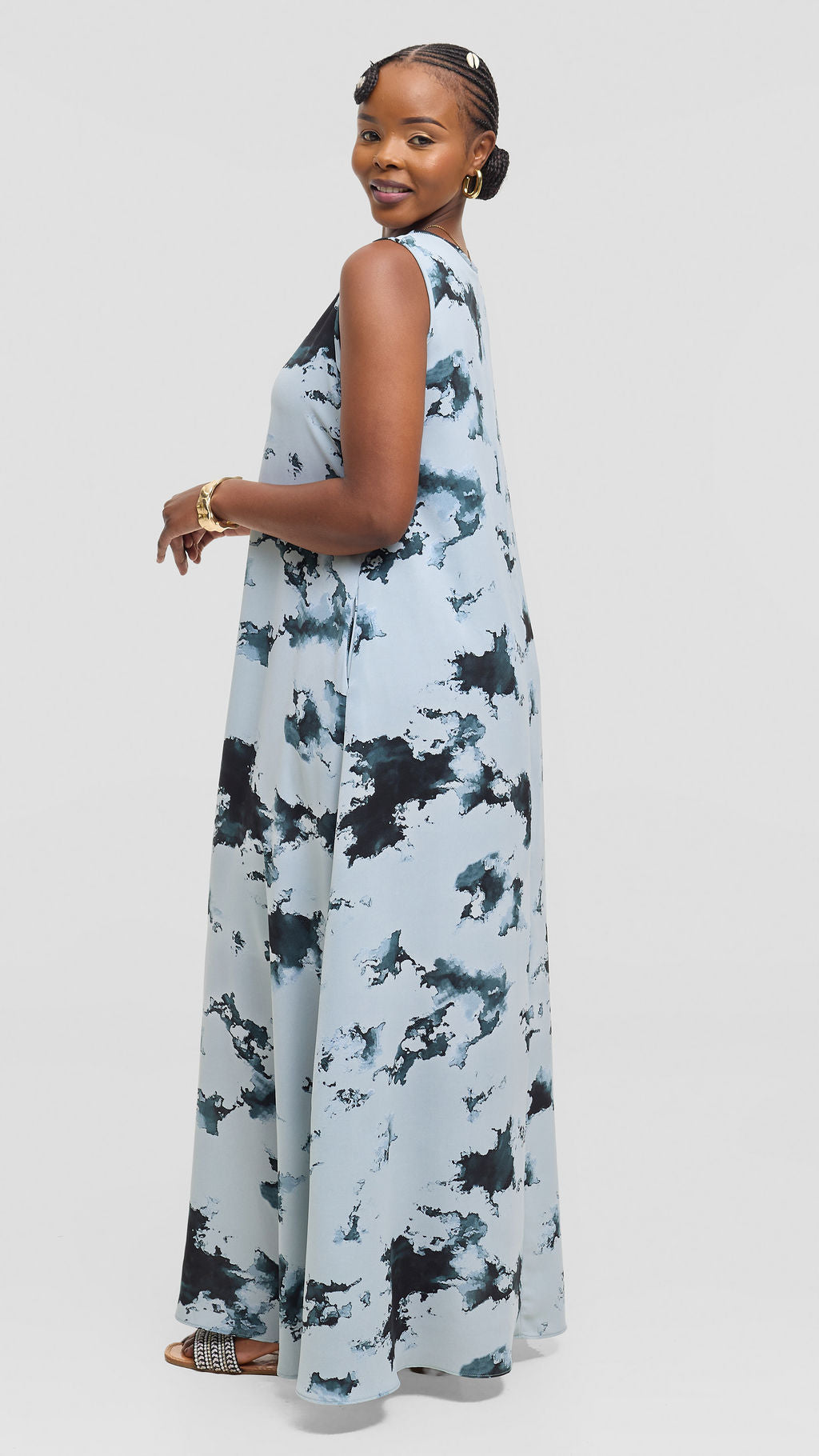 Vivo Basic Sleeveless Tent Maxi Dress in Crepe - Baby Blue / Teal Tie Dye