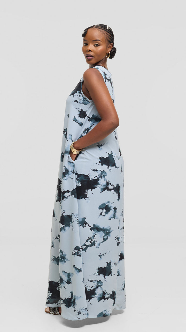 Vivo Basic Sleeveless Tent Maxi Dress in Crepe - Baby Blue / Teal Tie Dye