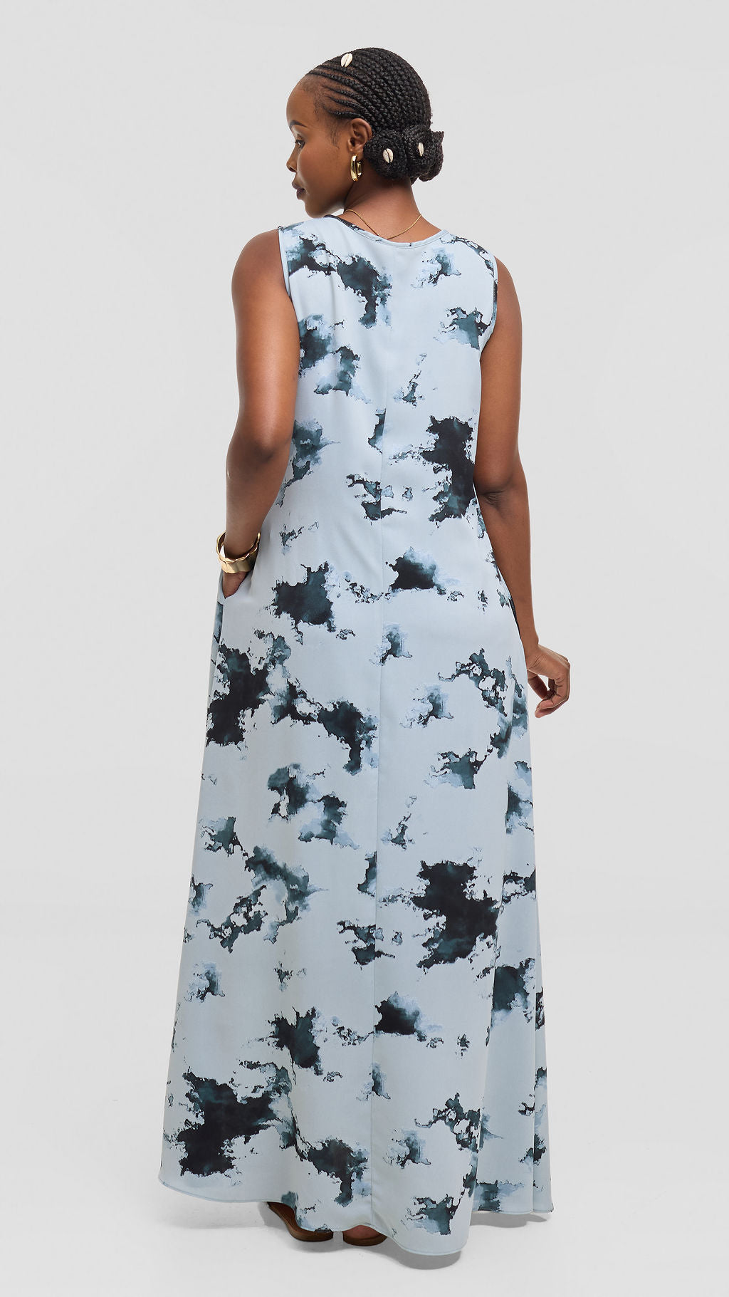 Vivo Basic Sleeveless Tent Maxi Dress in Crepe - Baby Blue / Teal Tie Dye
