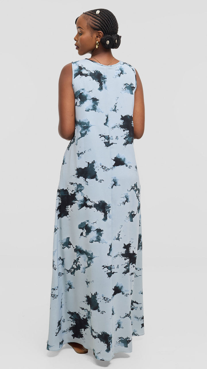 Vivo Basic Sleeveless Tent Maxi Dress in Crepe - Baby Blue / Teal Tie Dye