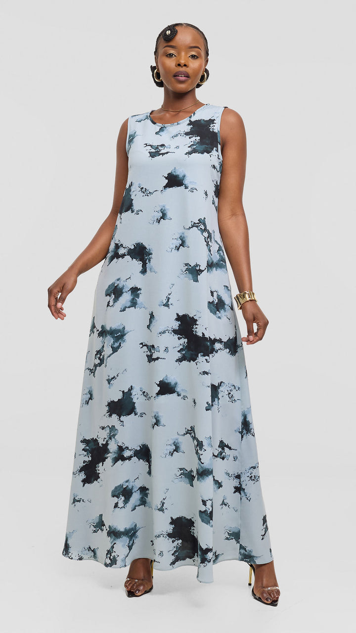 Vivo Basic Sleeveless Tent Maxi Dress in Crepe - Baby Blue / Teal Tie Dye