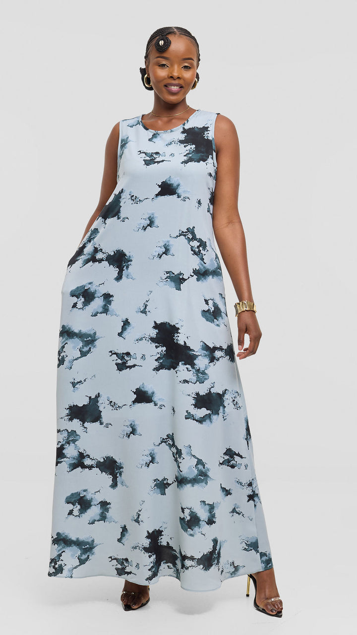 Vivo Basic Sleeveless Tent Maxi Dress in Crepe - Baby Blue / Teal Tie Dye