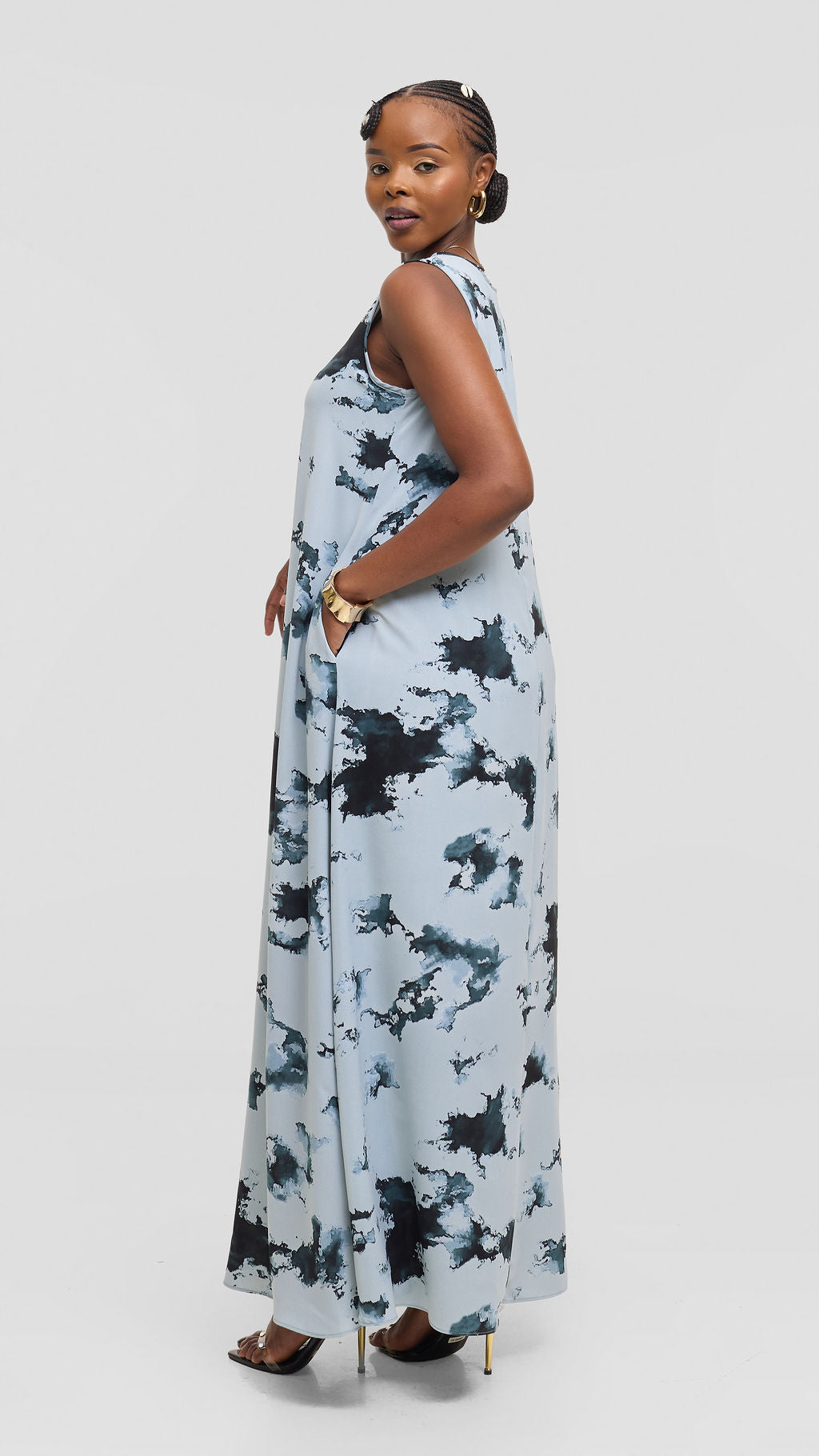 Vivo Basic Sleeveless Tent Maxi Dress in Crepe - Baby Blue / Teal Tie Dye
