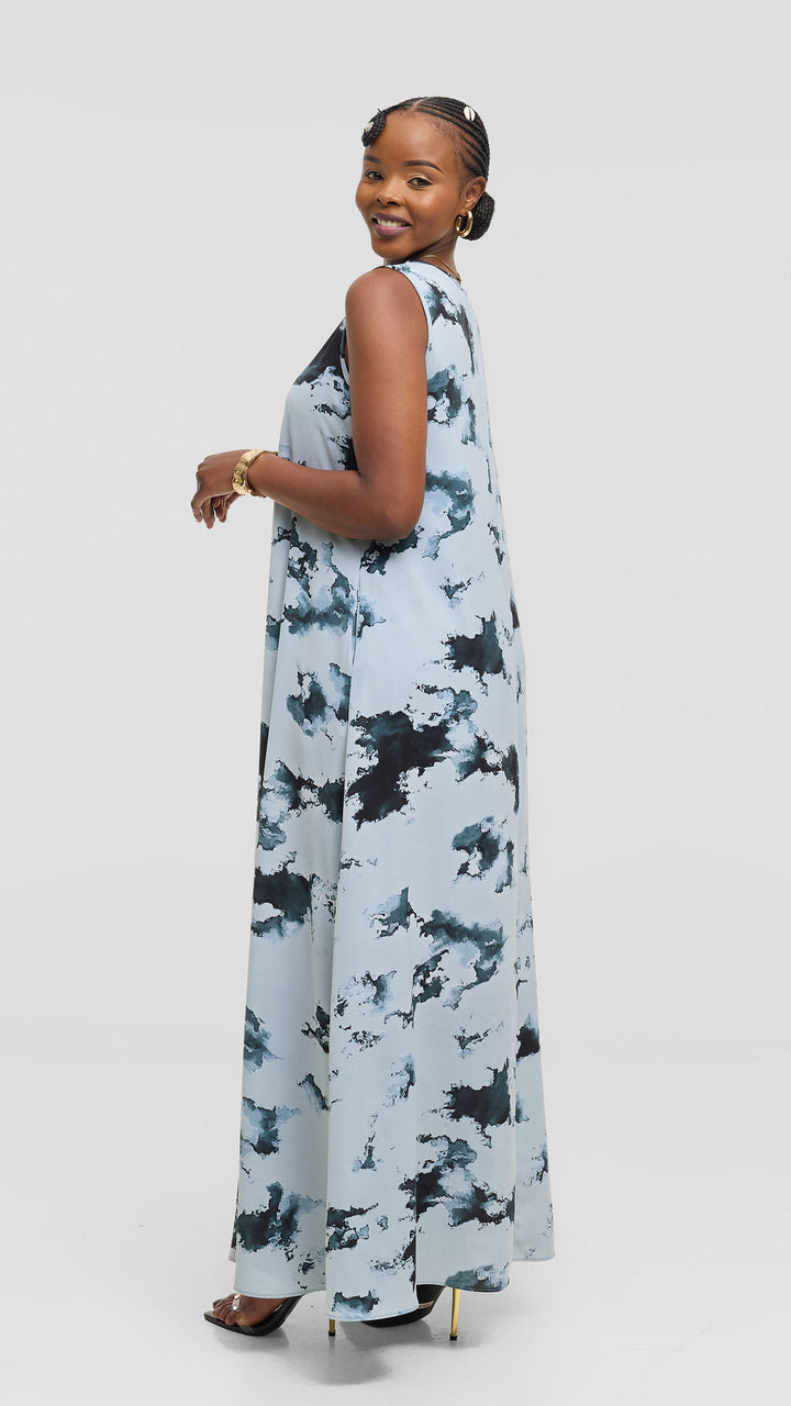 Vivo Basic Sleeveless Tent Maxi Dress in Crepe - Baby Blue / Teal Tie Dye