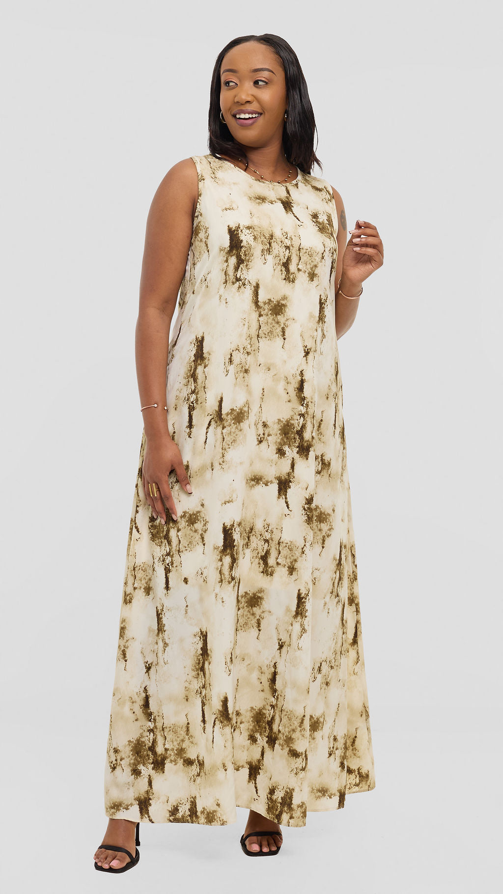 Vivo Basic Sleeveless Tent Maxi Dress in Crepe - Cream / Olive Abstract