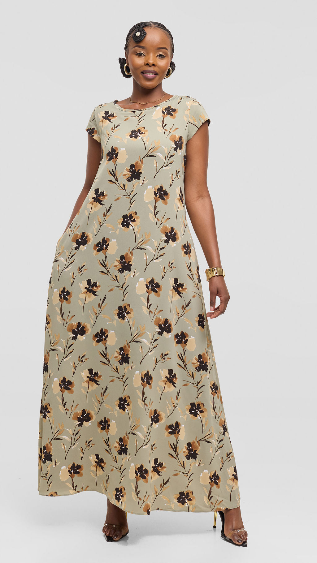 Vivo Basic Cap Sleeve Tent Maxi Dress in Crepe - Jungle Green / Brown Floral Print