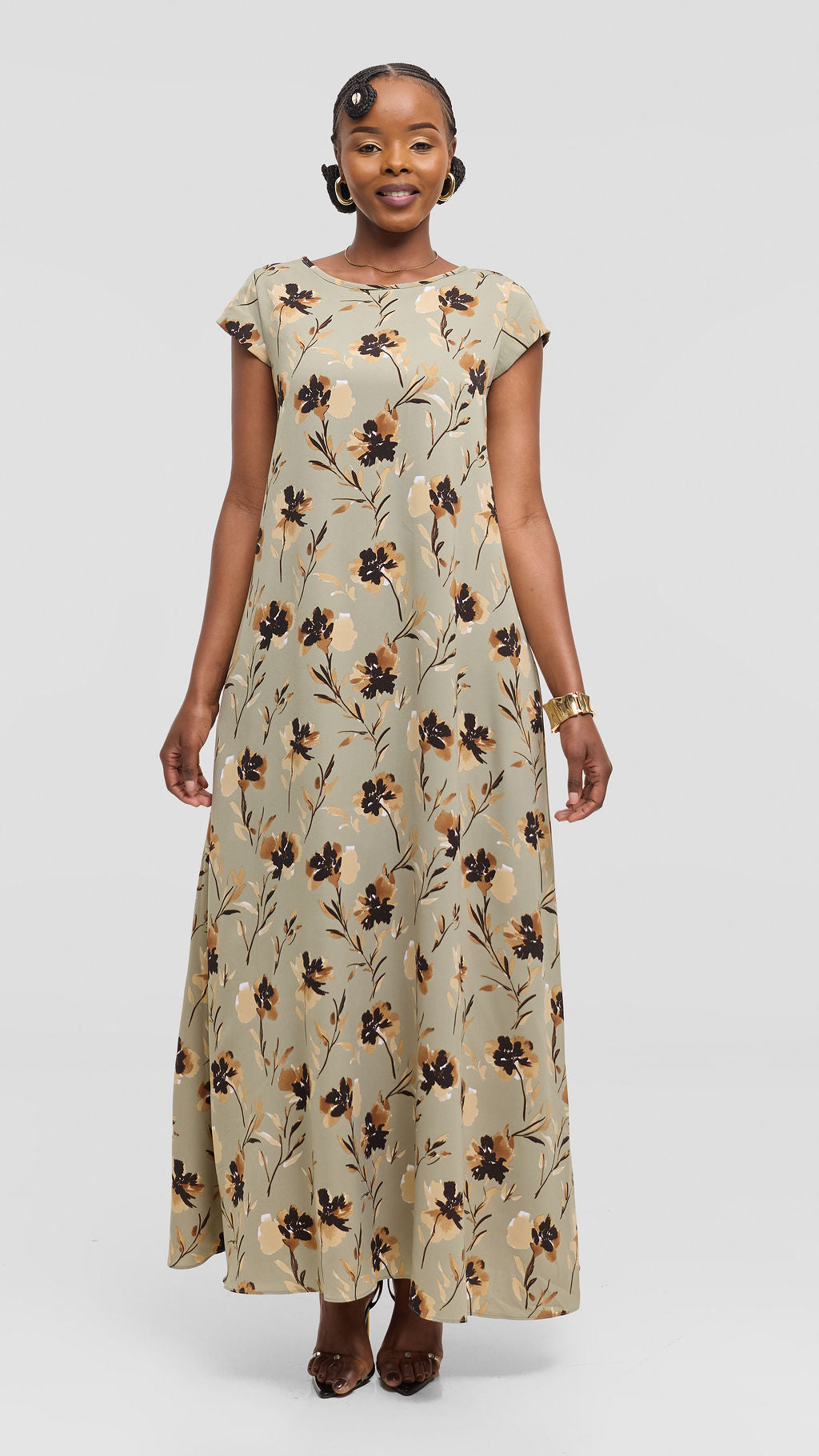 Vivo Basic Cap Sleeve Tent Maxi Dress in Crepe - Jungle Green / Brown Floral Print